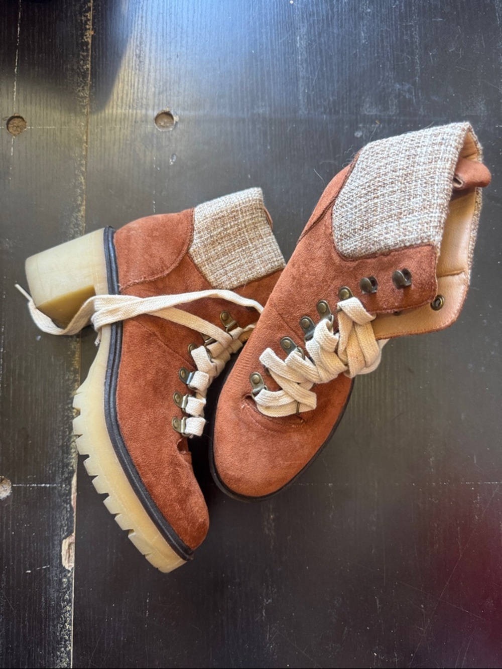 Mi.iM Rust Suede Lace-Up Ankle Boots with Cream Cuff